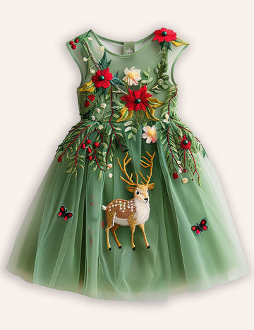 Festival Floral Reindeer Embroidered Tulle Dress